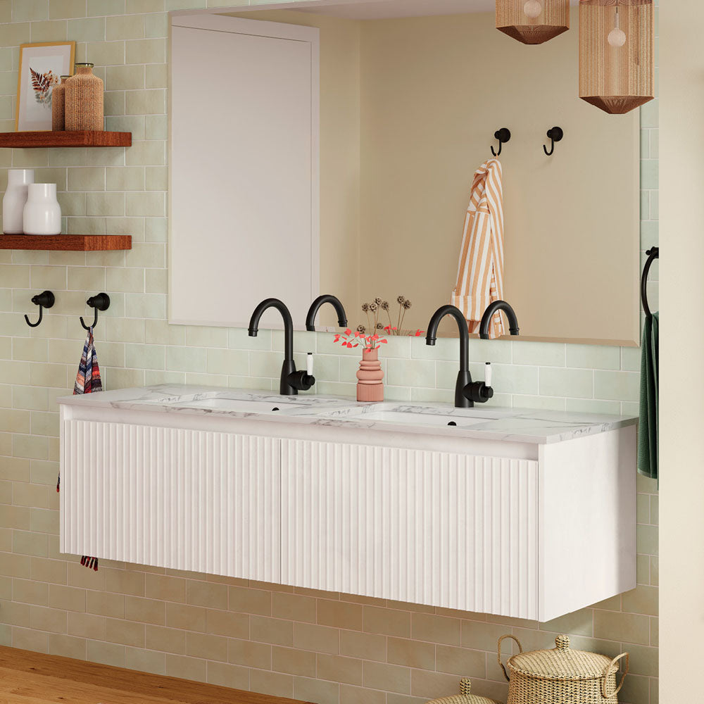 Sarah Calacatta Marble Undermount Double Bowl 1500 Alina Satin White Wall-Hung Vanity
