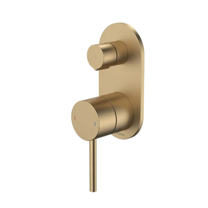 Caroma Liano II Bath Shower Mixer With Diverter and Outlet Rounded Plate Brushed Brass