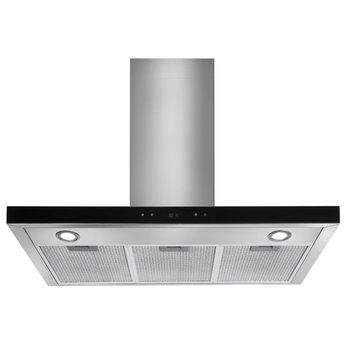 90CM T SHAPE RANGE HOOD BLACK GLASS FRONT W/ CHARCOL FILTER