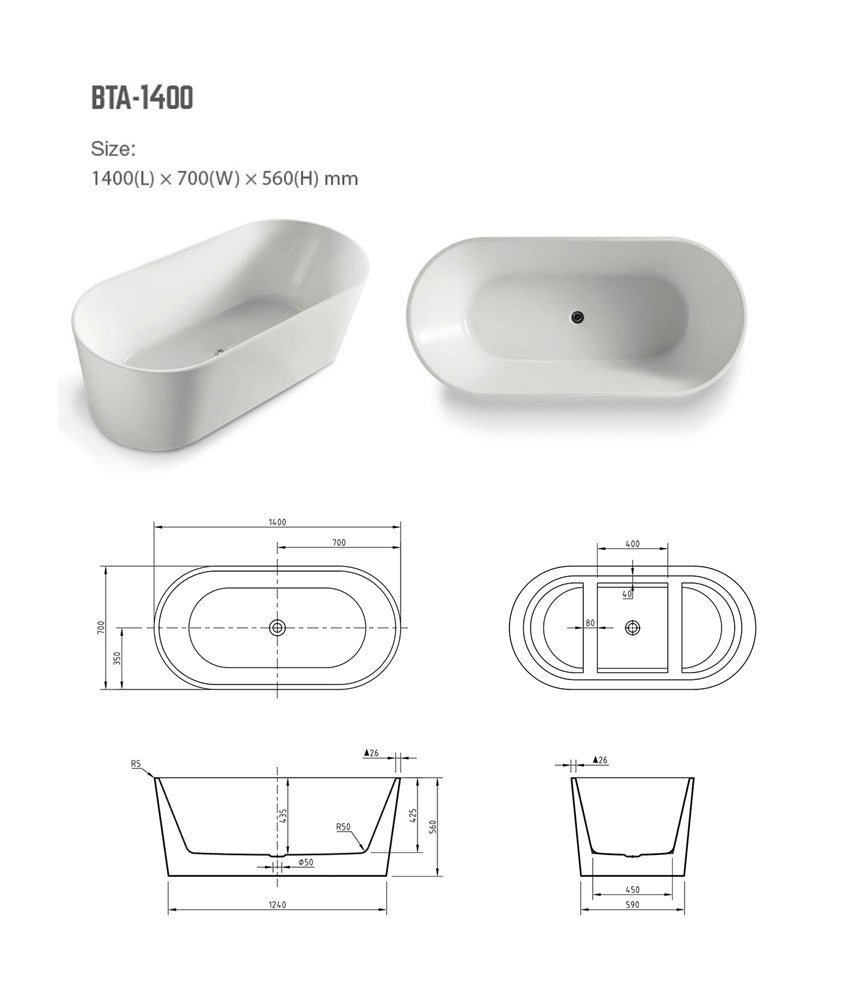 Acrylic Freestanding Bath Gloss White 1400x700x560mm