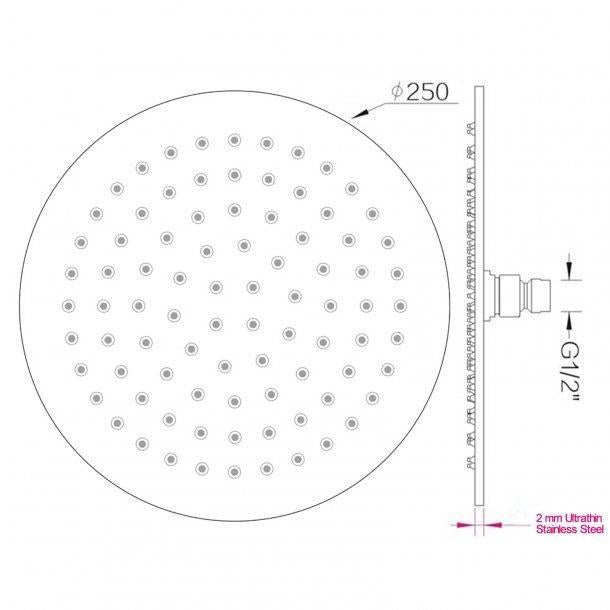 Super-slim Round Black Rainfall Shower Head 250mm