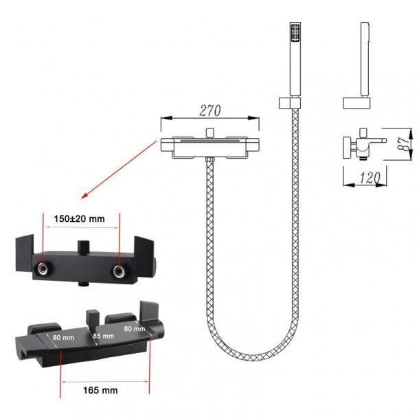 Square Black Handheld Shower without Spout & Mixer Diverter