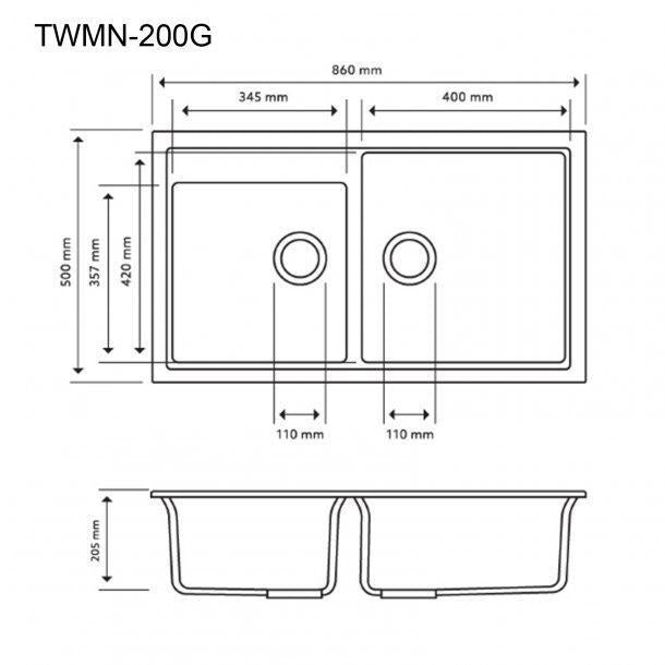 Carysil Vivaldi Concrete Grey Double Bowl Granite Kitchen Sink 860mm*500mm