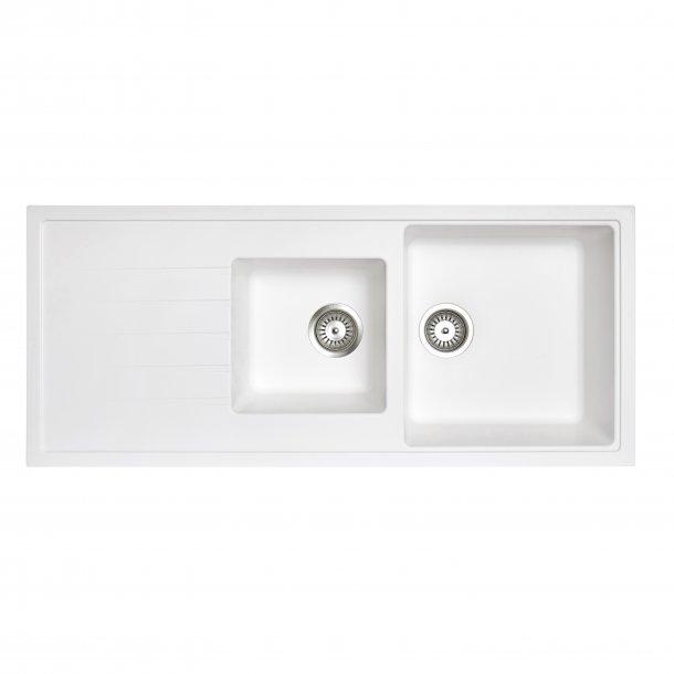 1160 x 500 x 205mm Carysil White 1 and A Half Bowl With Drainer Board Granite Kitchen Sink Top/Flush/Under Mount