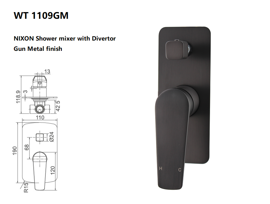 NIXON SHOWER MIXER WITH DIVERTOR GUN METAL FINISH