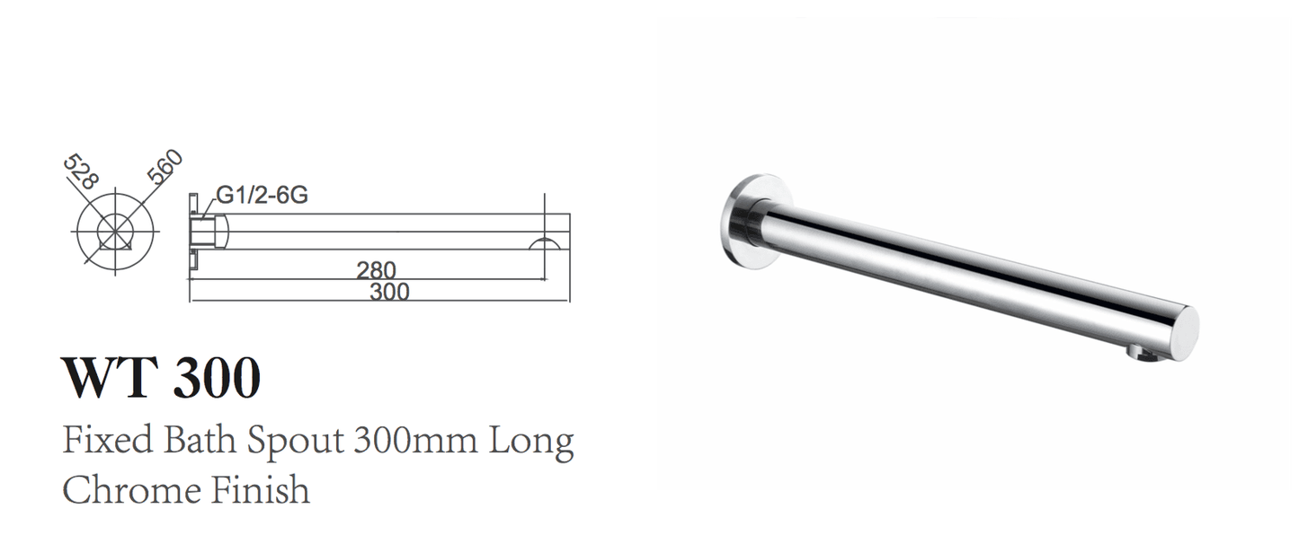 JAMIE FIXED BATH SPOUT 300mm LONG CHROME FINISH