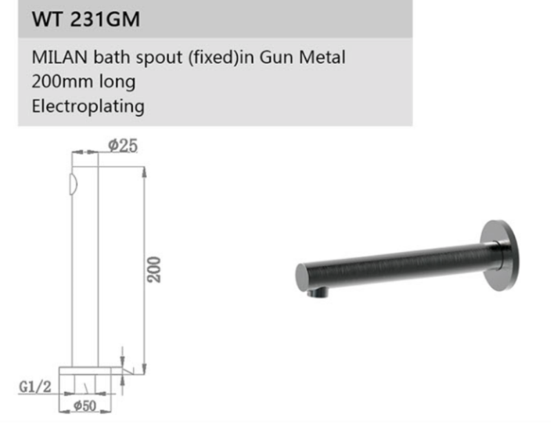 MILAN BATH SPOUR (FIXED) IN GUN METAL 200mm LONG
