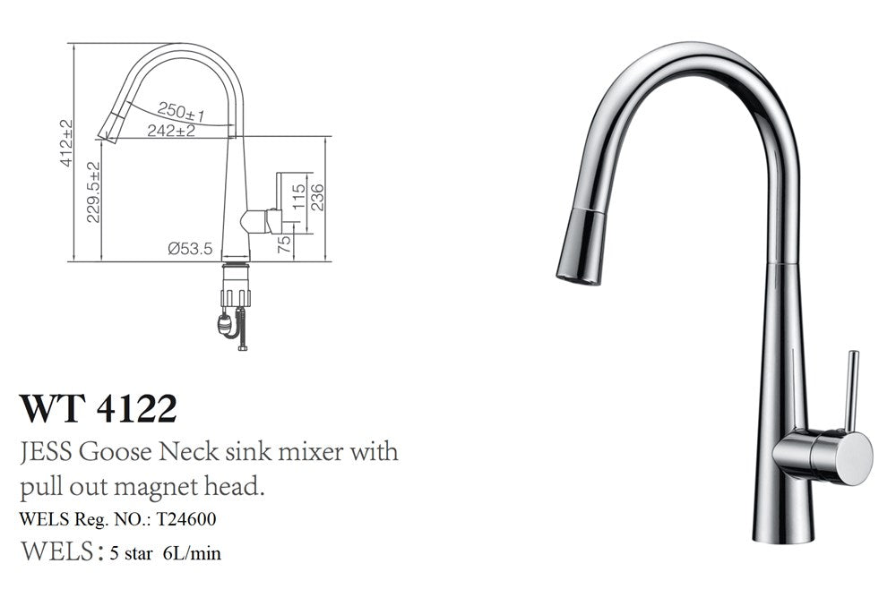 JESS Goose Neck Sink Mixer with Pull Out Magnet Head in Chrome