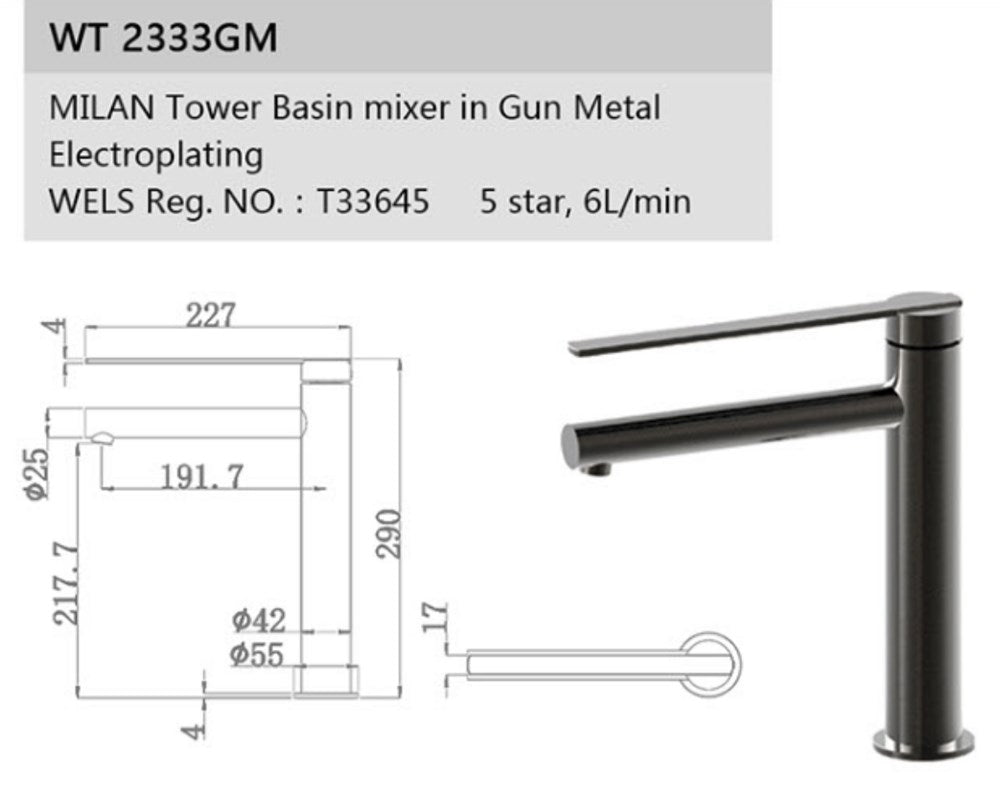 ROMEO Tower Basin Mixer in Gun Metal