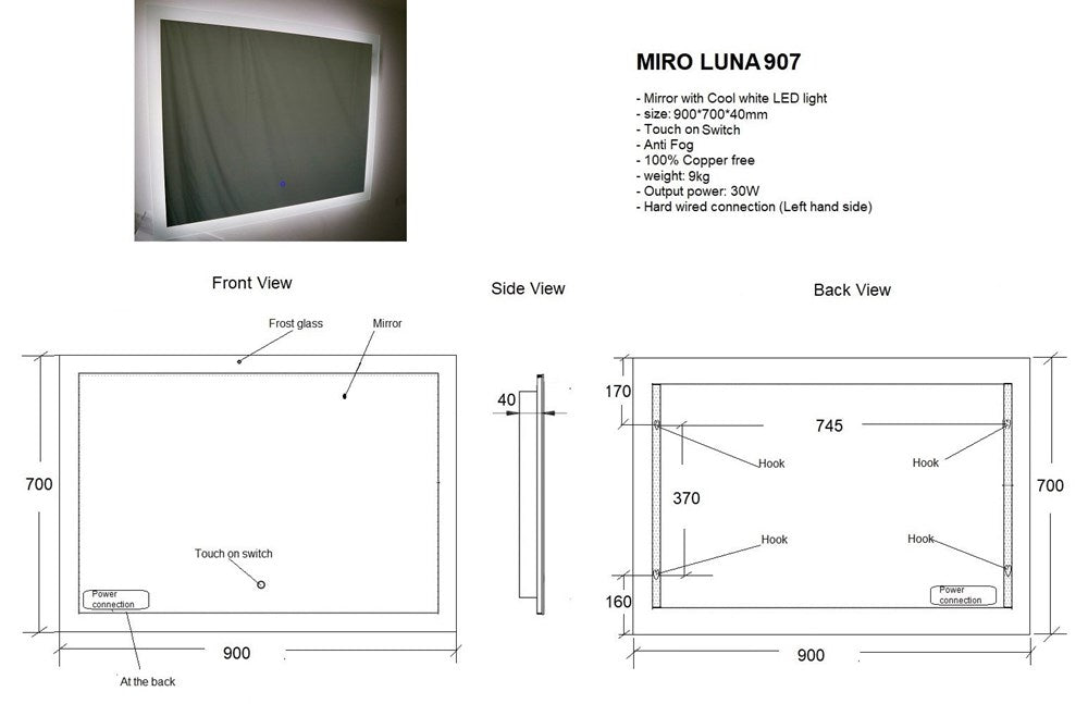 900mm Anti Fog Mirror with LED Light