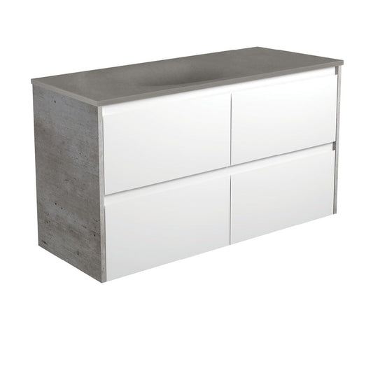 SATORI AMATO 1200 Satin White Vanity with Industrial Panels Wall Hung