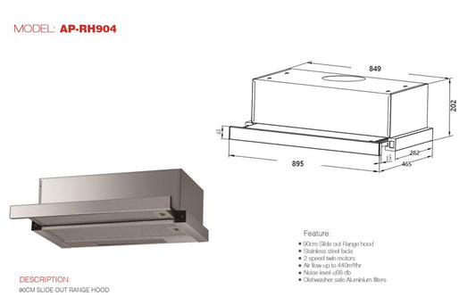 RANGEHOOD Slide Out 900mm S/St
