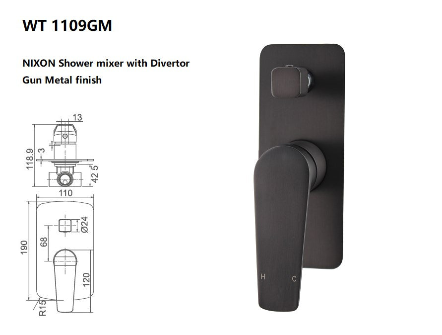 EXON Shower Mixer with Diverter in Gun Metal
