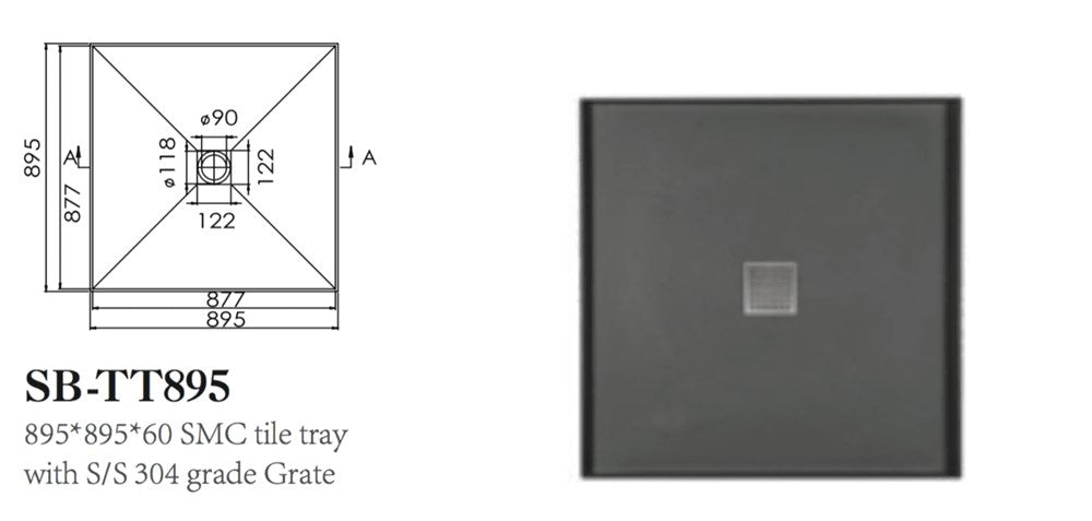 895 x 895mm SMC Tile Tray with S/SGrate and SB-WASTE(2 boxes)