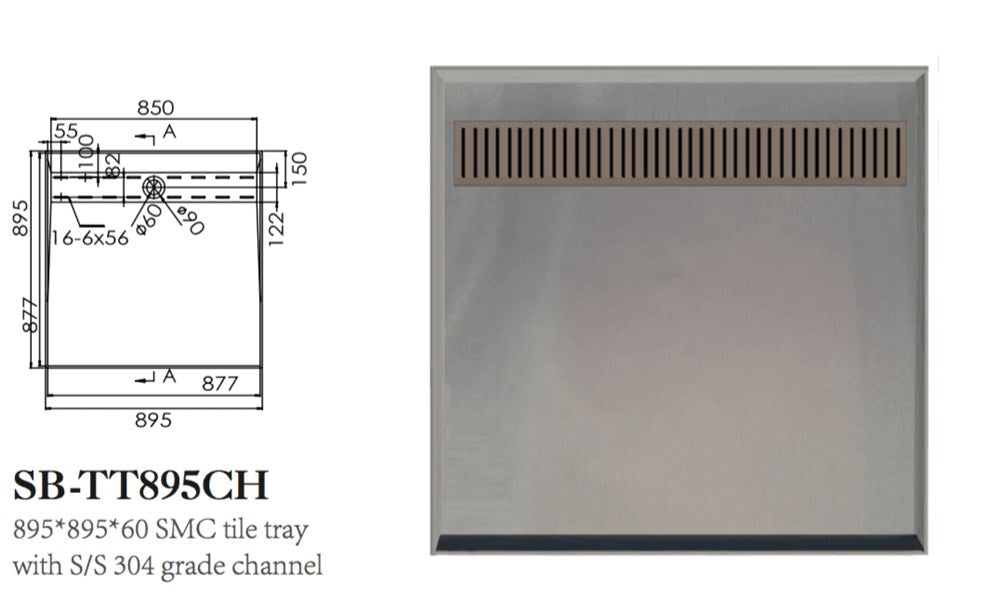 895mm SMC Tile Tray with S/SChannel and SB-WASTE (2 boxes)