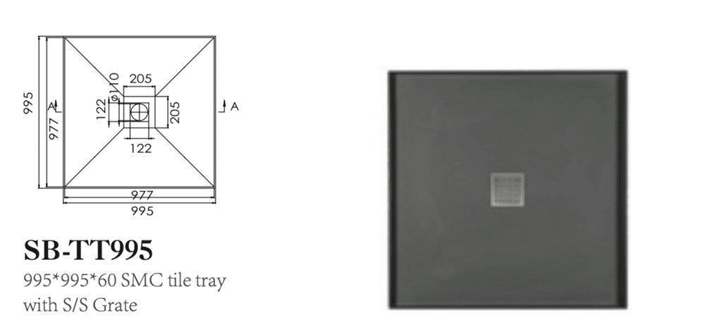 995mm SMC Tile Tray with S/Grate and SB-WASTE (2 boxes)