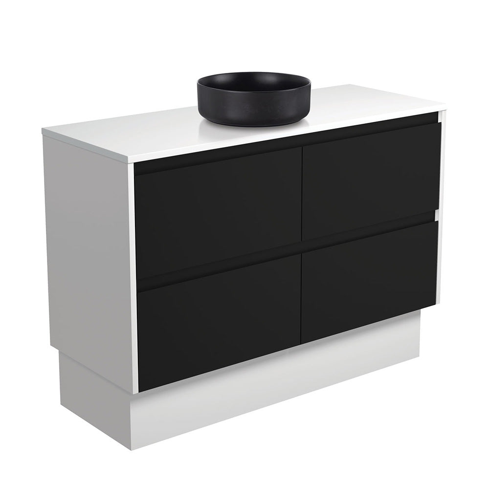 REBA Black, Crystal Amato 1200 Satin Black Vanity, Satin White Panels and Kick