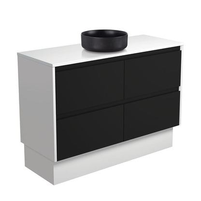 REBA Black, Crystal Amato 1200 Satin Black Vanity, Satin White Panels and Kick