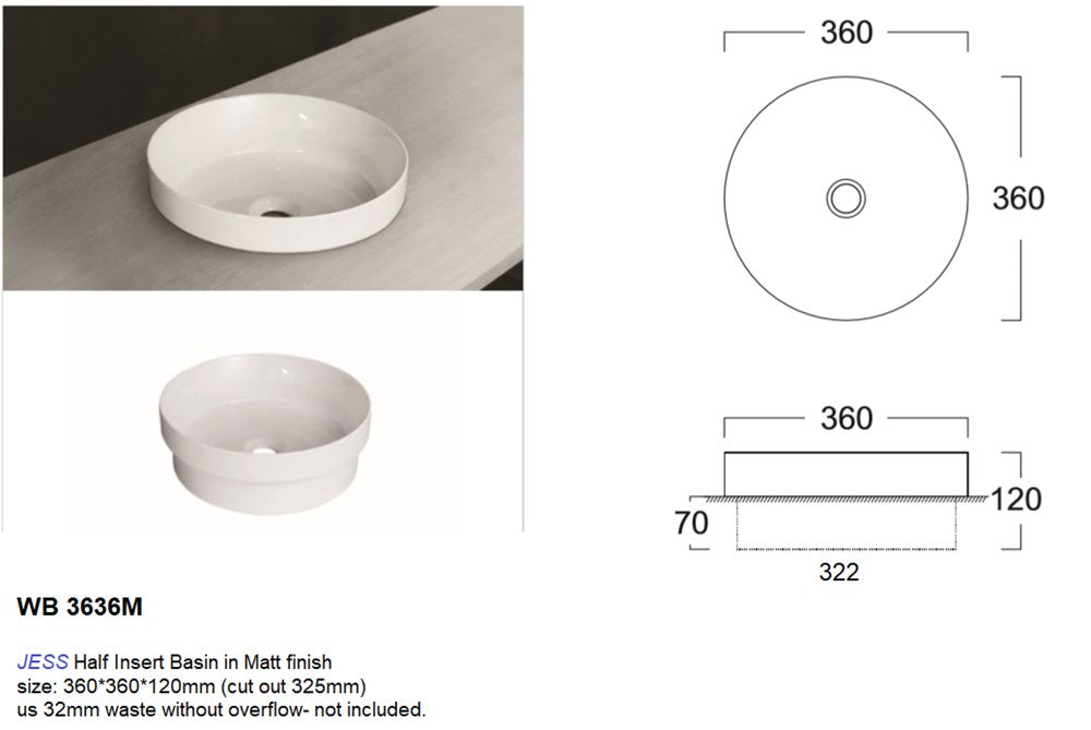 JESS Half Insert Basin in Matte White Finish