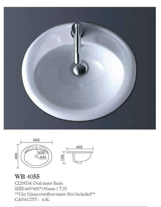 CLINDA Oval Insert Basin **Use 32mm with Overflow Waste** Capacity: 6L