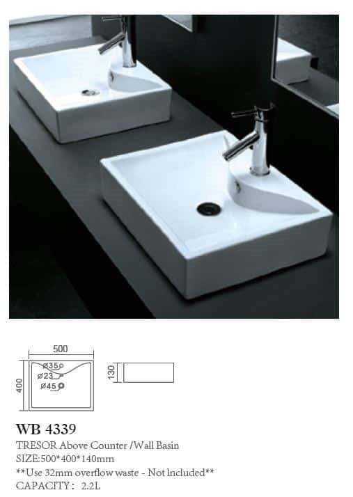 TRESOR Above Counter Basin **Glazed Back** **Use 32mm with Overflow Waste** Capacity: 2.2L