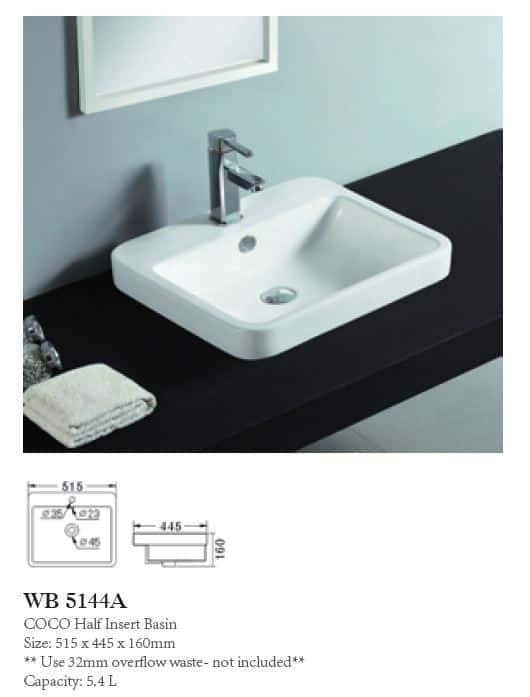 COCO Half Insert Basin **Use 32mm with Overflow Waste** Capacity: 5.4L 1 OR 3.TH Available