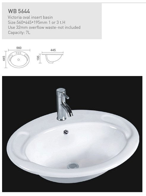 VICTORIA Oval Insert Basin **Use 32mm with Overflow Waste** Capacity: 7L 1 OR 3.TH Available