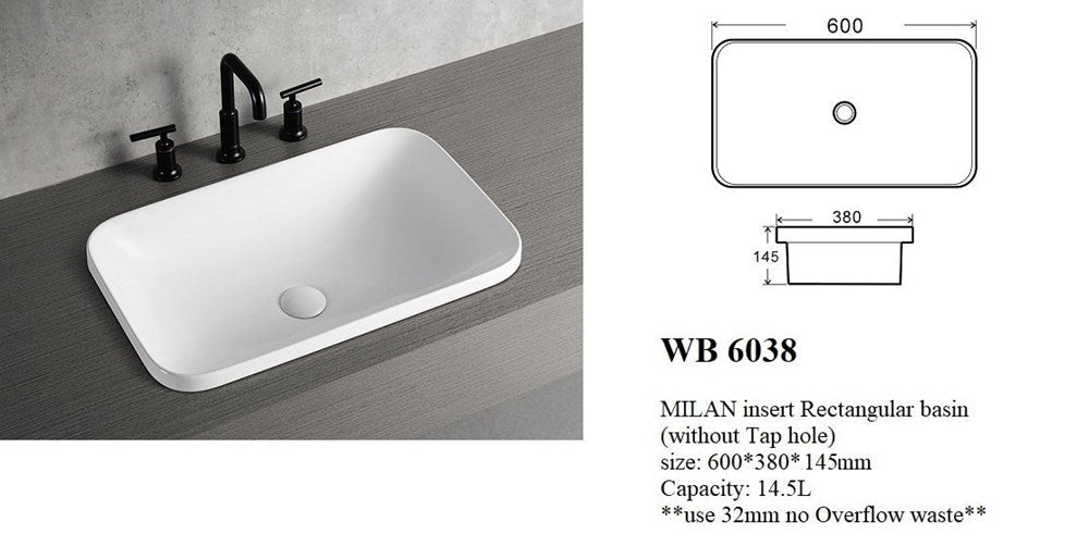 MILAN Insert Rectangular Basin- No Tap hole