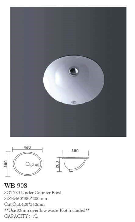 SOTTO Under Counter Basin **Use 32mm with Overflow Waste** Capacity: 7L