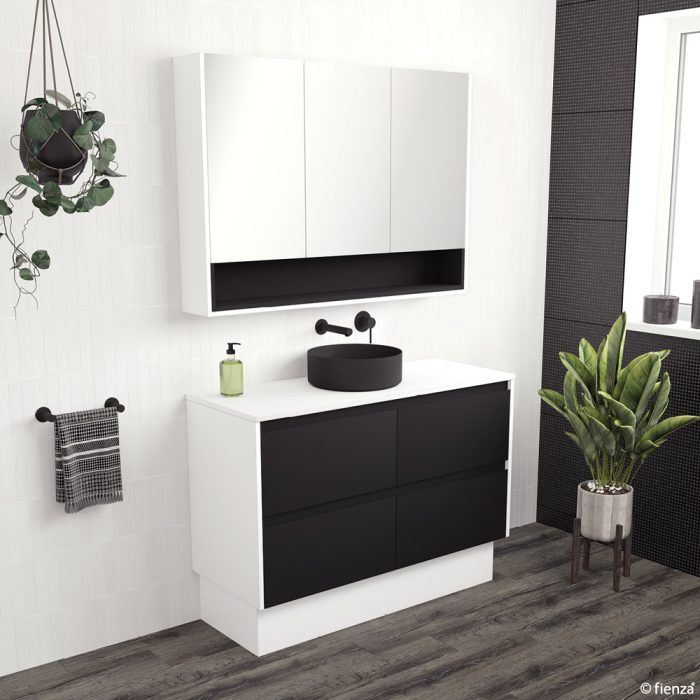 REBA Black, Crystal Amato 1200 Satin Black Vanity, Satin White Panels and Kick