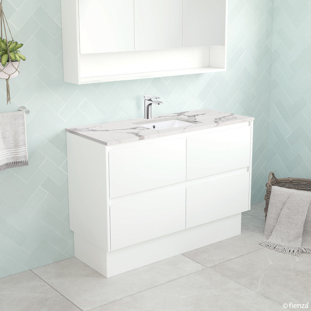 SARAH CALACATTA MARBLE AMATO 1200 Satin White Vanity On Kick 1TH
