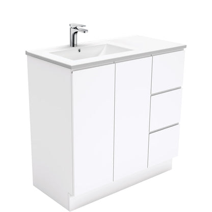 DOLCE 900 Left Offset Basin FINGERPULL Gloss White Vanity on Kick 1TH