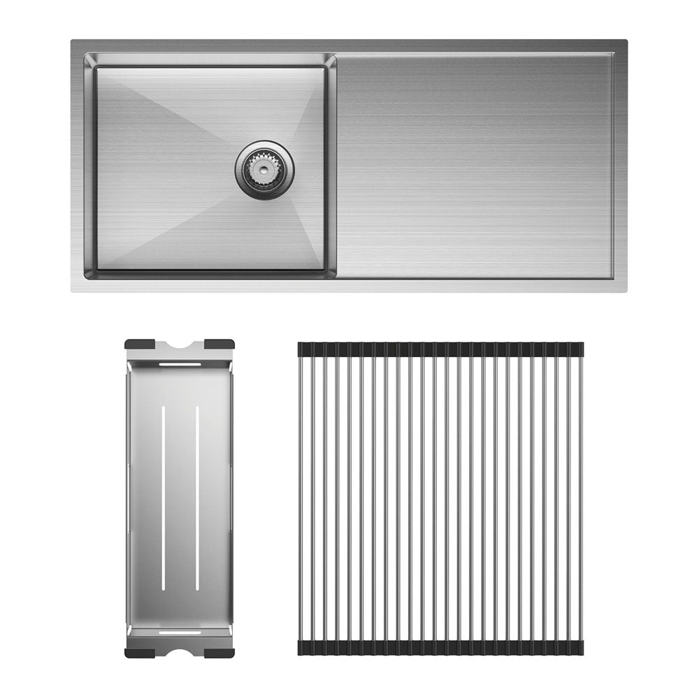 HANA Sgle Bowl Sink 36L w/Side Drainer Inc SS Colander Roller Top/Undermount 990x450x200mm