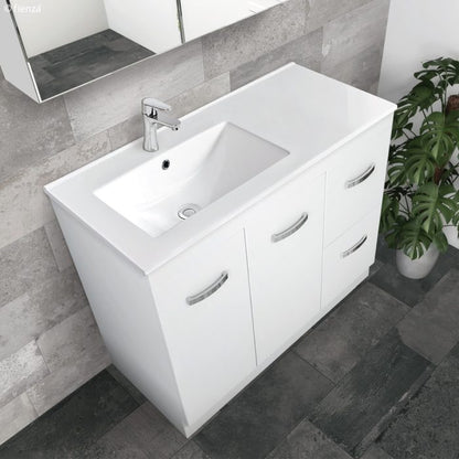 DOLCE 900 Left Offset Basin FINGERPULL Gloss White Vanity on Kick 1TH