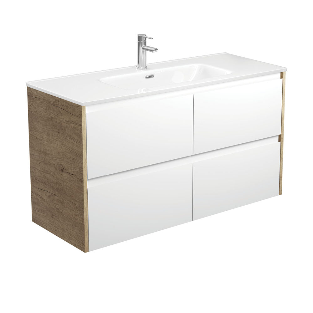 JOLI AMATO 1200 Matte White Vanity with SCANDI OAK Panels Wall Hung 1TH