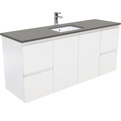 SARAH DOVE GREY 1500 Fingerpull Matte White Wall Hung Cab Single Bowl 1TH