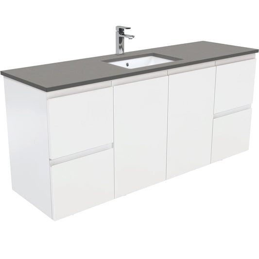 SARAH DOVE GREY 1500 Fingerpull Matte White Wall Hung Cab Single Bowl 1TH