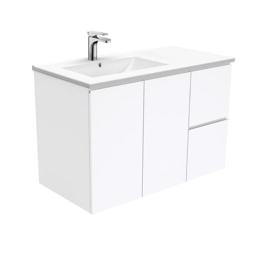 DOLCE 900 Left Offset Basin FINGERPULL Gloss White Wall Hung Vanity 1TH