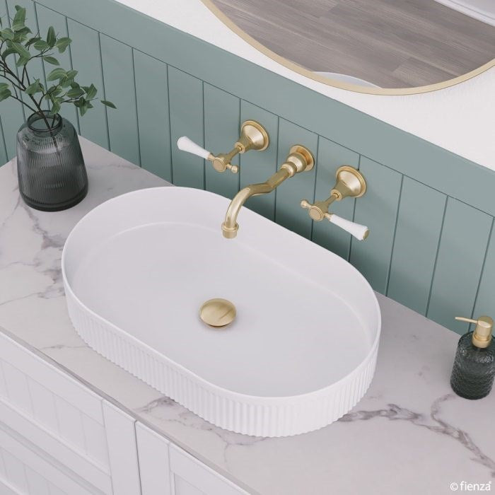 LILLIAN Lever Shepherds Crook Basin Set Urban Brass White Handle