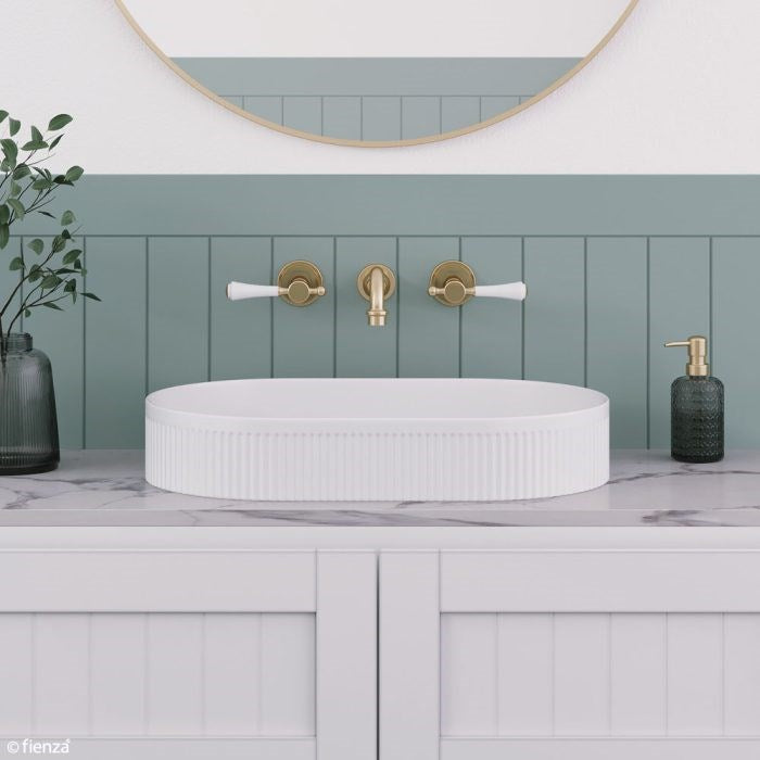 LILLIAN Lever Shepherds Crook Basin Set Urban Brass White Handle