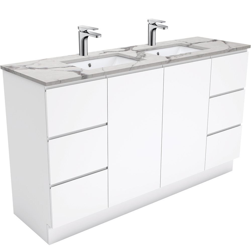 Sarah Calacatta Marble Undermount Double Bowl 1500 Fingerpull Gloss White Vanity on Kick