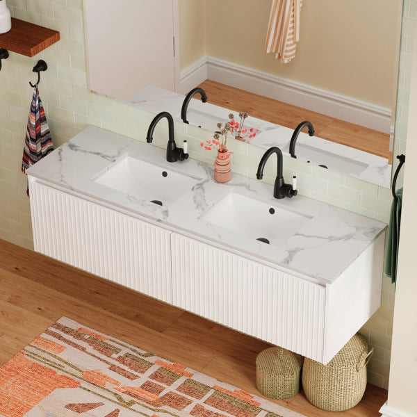 Sarah Calacatta Marble Undermount Double Bowl 1500 Alina Satin White Wall-Hung Vanity