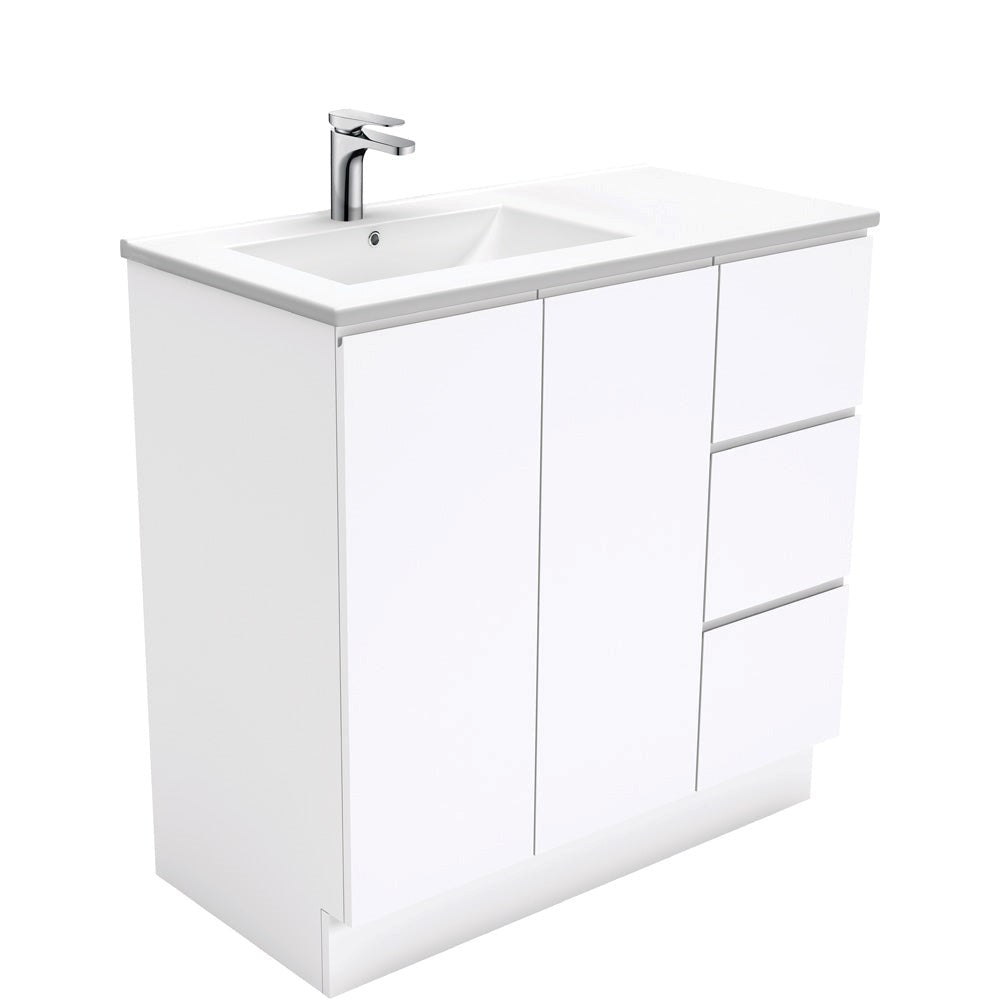 DOLCE 900 Left Offset Basin FINGERPULL Gloss White Vanity on Kick 1TH