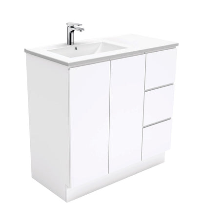 DOLCE 900 Left Offset Basin FINGERPULL Gloss White Vanity on Kick 1TH