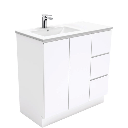 DOLCE 900 Left Offset Basin FINGERPULL Gloss White Vanity on Kick 1TH