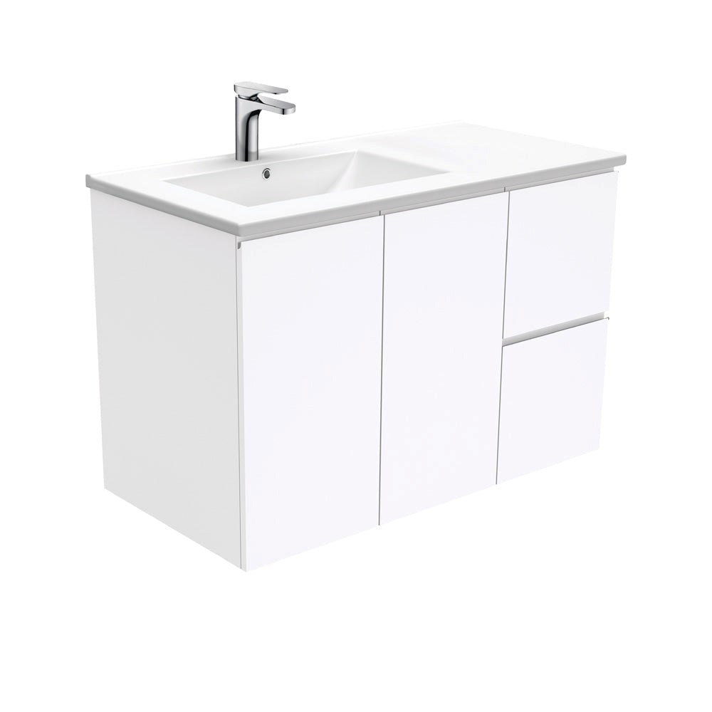 DOLCE 900 Left Offset Basin FINGERPULL Gloss White Wall Hung Vanity 1TH