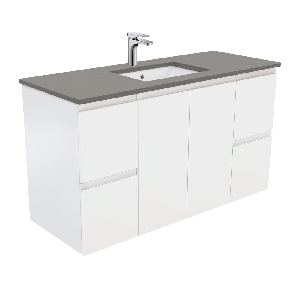 SARAH DOVE GREY 1200 Fingerpull Matte White Wall Hung Cab 1TH
