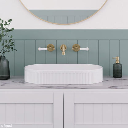 Lillian Lever Basin Set, Urban Brass with Ceramic White Handle