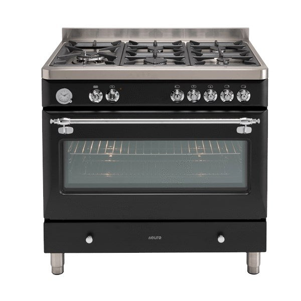 Royal Chiantishire, 90cm Cooker ,  8 function elec Oven, 5 Burner Recessed Gas Top Left WOK Large 109ltr gross ,Analogue Clock bottom storage
