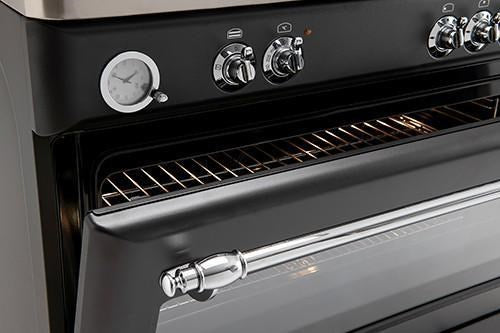 Royal Chiantishire, 90cm Cooker ,  8 function elec Oven, 5 Burner Recessed Gas Top Left WOK Large 109ltr gross ,Analogue Clock bottom storage